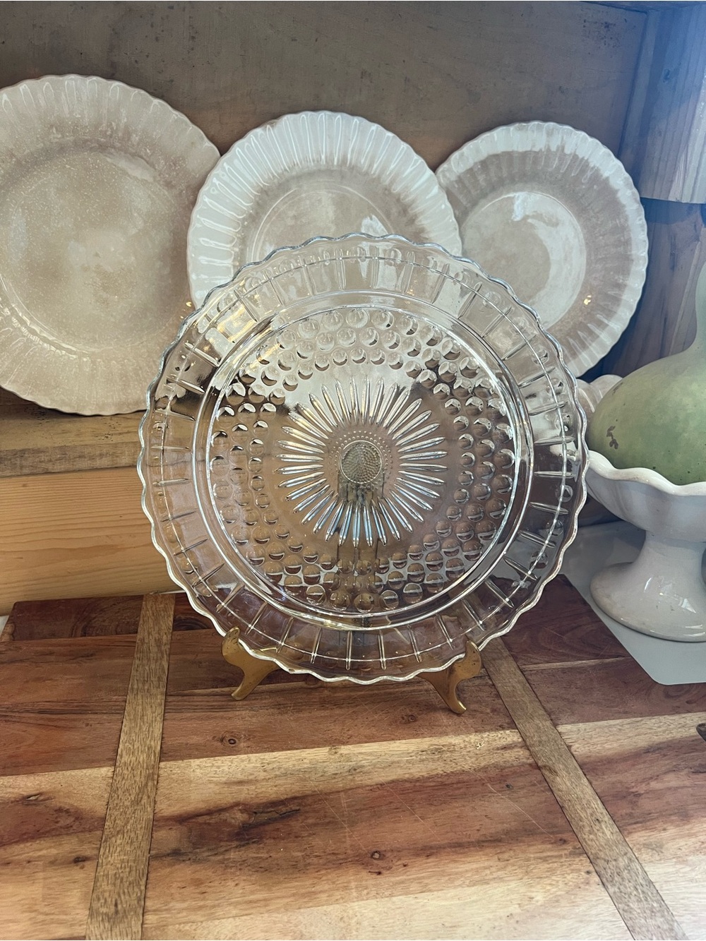 Vintage clear glass footed cake plate sunflower dot bubble wedding grandma core